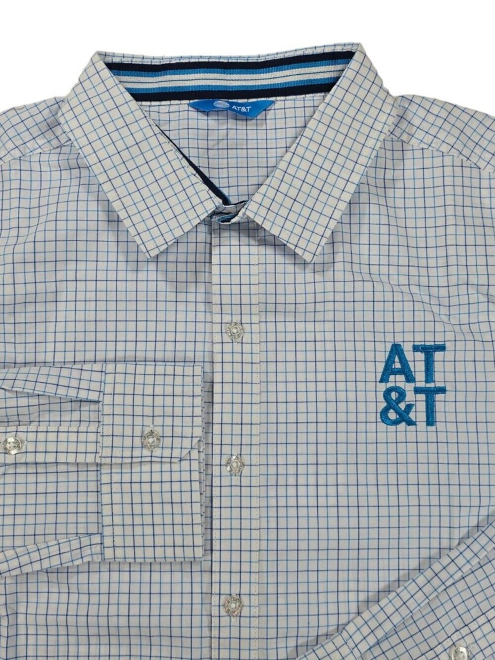 AT&T Button Shirt Men's L White Gray Check Casual Office Embroidered Logo